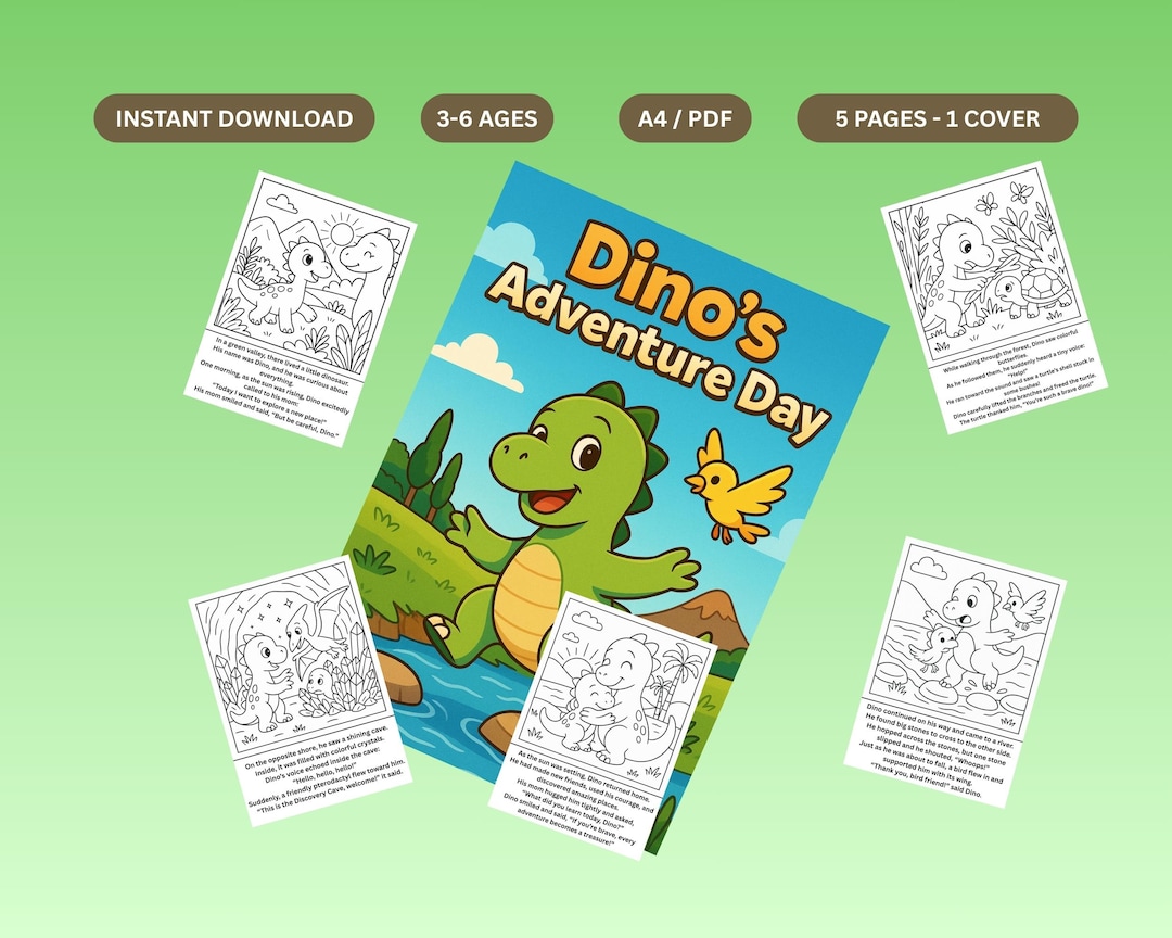 Dino’s Adventure Day Story & Coloring Book | Printable Preschool ...