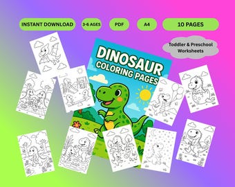 Printable Dinosaur Coloring Pages for Kids | 10 Fun Prehistoric Activities Toddler & Preschool Worksheets | Instant Download PDF | 3-6 Ages