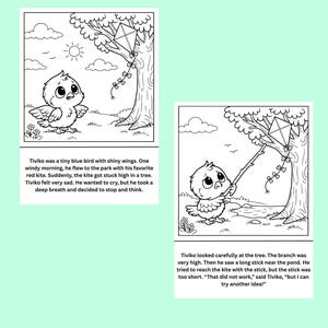May include: Black and white illustrated children's story panels. The top panel shows a bird with a kite stuck in a tree. The bottom panel shows the bird trying to reach the kite with a stick. Text reads "His Kite Got Stuck!" and "Can Tiviko Solve the Problem?"