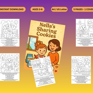 Puede incluir: Una descarga digital titulada "Nella's Sharing Cookies" con ilustraciones de niños y adultos horneando. La portada presenta a una niña y una mujer con el título. Incluye 5 páginas y es para edades de 3 a 6 años. El formato es A4/US Letter.