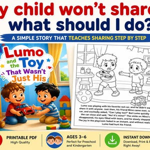 Afdrukbaar probleem met delen voor peuters | Leer kinderen om de beurt verhaal | Sociaal-emotionele leeractiviteit | 3-6 jaar | Kalmeergedrag pdf