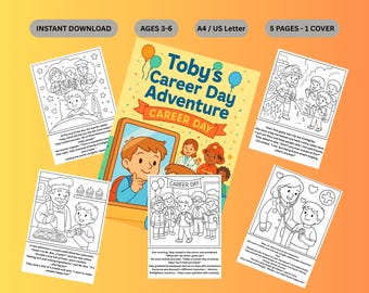 Op de afbeelding: Een kinderactiviteitenboek getiteld "Toby's Career Day Adventure" met illustraties van verschillende beroepen. De omslag en pagina's bevatten lijntekeningen van een brandweerman, een dokter en een bakker. Het boek is ontworpen voor kinderen van 3-6 jaar en is een direct download.