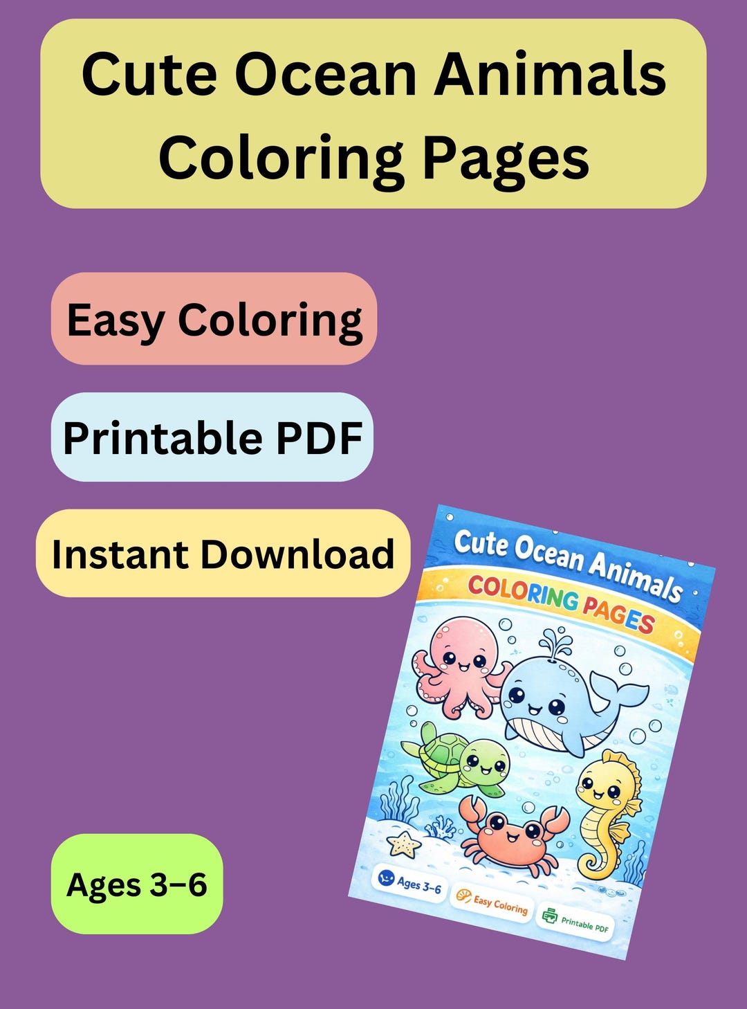 Cute Ocean Animals Coloring Pages for Kids, Printable Ocean Animal ...