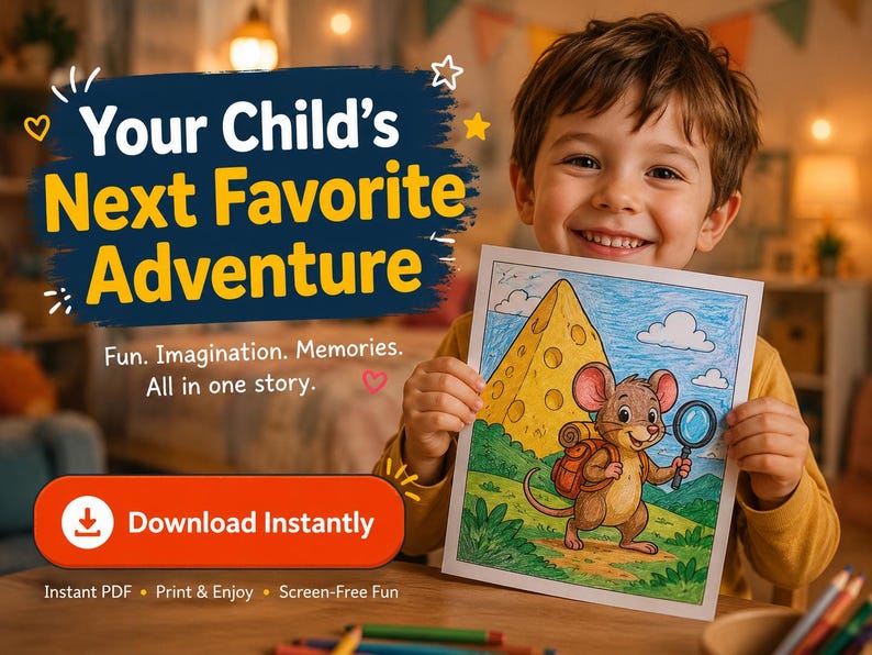 May include: A young child smiles while holding a coloring page featuring a cartoon mouse with a backpack and magnifying glass in front of a cheese wedge. The image includes text that reads "Your Child's Next Favorite Adventure" and "Download Instantly."