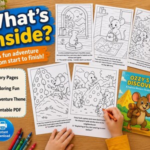 May include: A collection of children's coloring pages and a book titled "Ozzy's Big Discovery." The pages feature line drawings of a mouse in various scenes. The book cover shows a cartoon mouse with a backpack and magnifying glass. Crayons and colored pencils are scattered around.