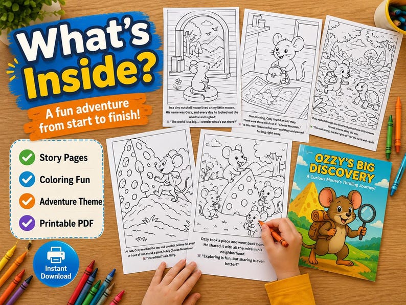May include: A collection of children's coloring pages and a book titled "Ozzy's Big Discovery." The pages feature line drawings of a mouse in various scenes. The book cover shows a cartoon mouse with a backpack and magnifying glass. Crayons and colored pencils are scattered around.