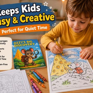 May include: A young child coloring a picture of a mouse with a backpack and a large piece of cheese. The image is from a coloring book titled "Ozzy's Big Discovery". The text in the image says "Keeps Kids Busy & Creative" and "Perfect for Quiet Time".