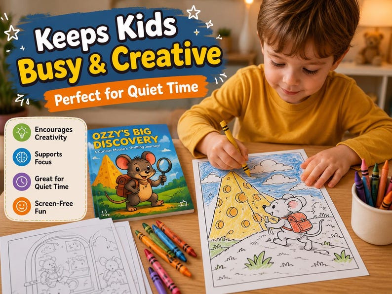 May include: A young child coloring a picture of a mouse with a backpack and a large piece of cheese. The image is from a coloring book titled "Ozzy's Big Discovery". The text in the image says "Keeps Kids Busy & Creative" and "Perfect for Quiet Time".