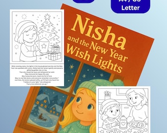 May include: A children's book cover titled "Nisha and the New Year Wish Lights" with illustrations of a girl and a Christmas tree. The cover includes text indicating it's for ages 3-6 and offers 5 pages and 1 cover, available in A4/US Letter format.