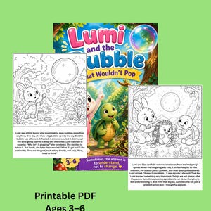 May include: A children's storybook cover titled "Lumi and the Bubble That Wouldn't Pop." The image features a bunny, turtle, and hedgehog in black and white coloring pages, with the book's title in pink and blue. Text indicates ages 3-6.