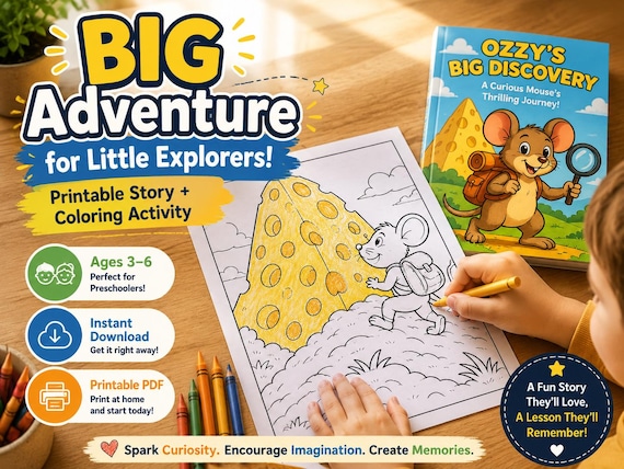 Ozzy’s Big Discovery Printable Story Coloring Book for Kids Ages 3-6 | Adventure Activity PDF | Preschool Coloring Pages Quiet Time Fun