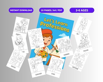 Op de afbeelding: Een verzameling afdrukbare kleurplaten voor kinderen, met illustraties van verschillende beroepen. De set bevat pagina's voor een brandweerman, dokter, piloot, kunstenaar, leraar, chef-kok, boer, verpleegster, politieagent en kapitein. De omslag luidt "Let's Learn Professions".