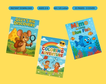 May include: Three children's book covers on a yellow background. The covers feature illustrations of a mouse, a blue fish, and children flying kites. Text includes "Ozzy's Big Discovery", "Mimo the Little Blue Fish", and "Coloring Adventure". Additional text indicates "Instant Download", "Ages 3-6", and "21 Pages - 3 Cover".