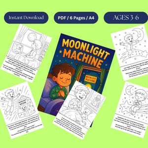 Printable Coloring Story for Kids | Leo and the Moonlight Machine | Ages 3-6 Preschool Activity Book | Instant Download PDF | A4 Format