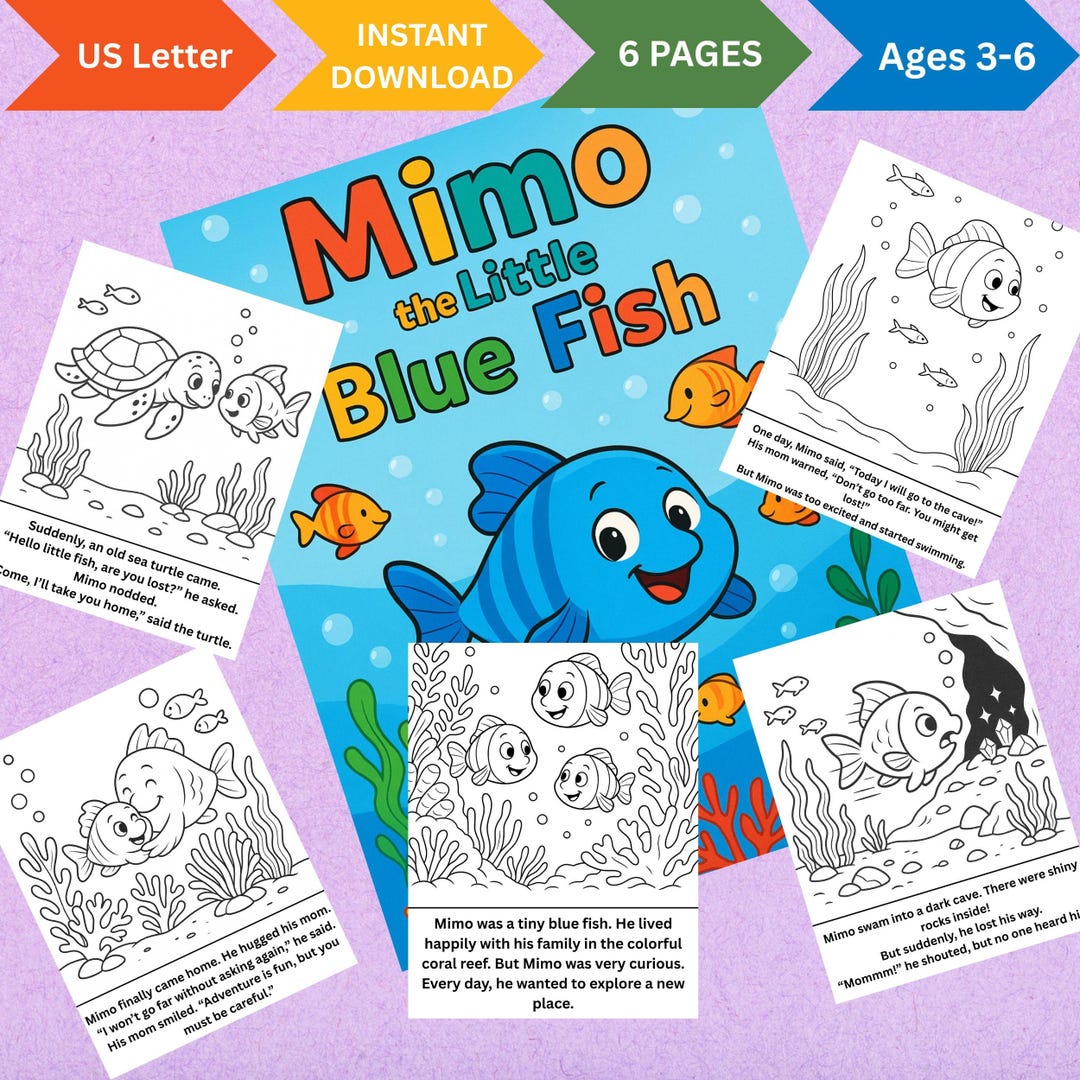 Mimo the Little Blue Fish Story & Coloring Book (printable PDF) - Etsy