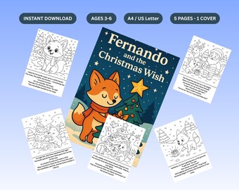 Op de afbeelding: Een verzameling kleurplaten voor kinderen en een omslag met de titel "Fernando en de Kerstwens". De omslag toont een cartoonvos met een sjaal, een kerstboom en een ster. De kleurplaten tonen scènes uit het verhaal.
