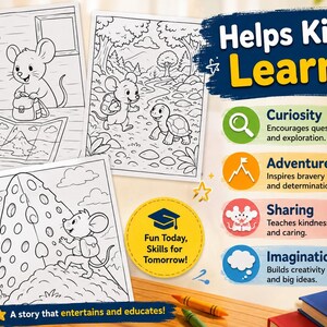 May include: A colorful image featuring coloring pages with cartoon mice in various scenes. The pages are accompanied by text that reads "Helps Kids Learn" and highlights concepts like curiosity and adventure. Crayons and books are also visible.