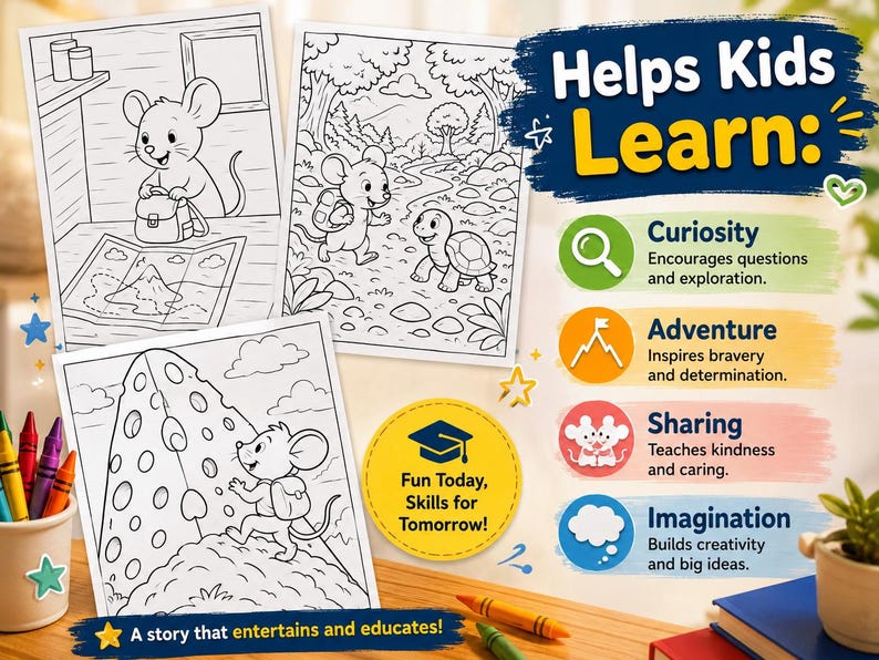 May include: A colorful image featuring coloring pages with cartoon mice in various scenes. The pages are accompanied by text that reads "Helps Kids Learn" and highlights concepts like curiosity and adventure. Crayons and books are also visible.