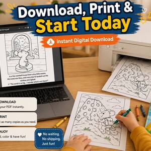 May include: A laptop displays a coloring book page with a mouse character. The image shows a printer printing the same coloring page, and a child coloring it with crayons. Text on the image says "Download, Print & Start Today."