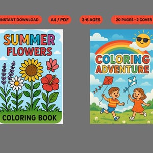 Puede incluir: Dos libros para colorear para niños. Uno presenta flores coloridas con el texto "Summer Flowers Coloring Book". El otro muestra un arcoíris, un sol y niños volando cometas, con el texto "Coloring Adventure".