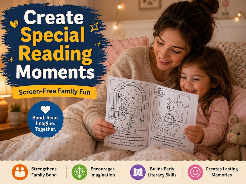 May include: A mother and child are reading a book together, smiling. The book is open, displaying a black and white illustration of a mouse. Text on the image reads "Create Special Reading Moments" and "Screen-Free Family Fun."