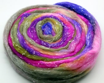 Hand dyed merino top for spinning. Hand Dyed Spinning fiber, Felting wool, 4.1oz 80/20 merino/viscose, 21micron merino wool A71822