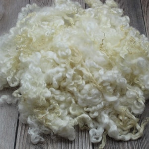 May include: A pile of off-white, curly wool fibers. The fibers have a soft, fluffy texture and a natural, slightly golden hue in some areas. The wool is likely used for crafts like felting, spinning, or other textile projects.