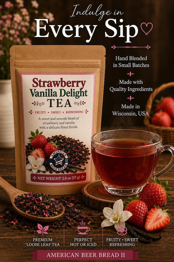 Strawberry Vanilla Delight, Loose Leaf Tea, Flavored Black Tea, Handcrafted Small Batch Tea, Hot or Iced, 2 oz