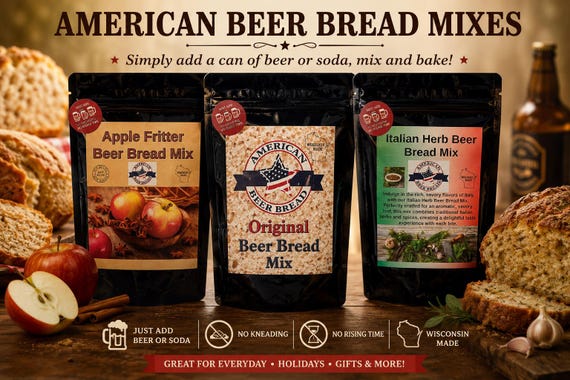 Beer Bread Mix Sampler:  Italian Herb, Apple Fritter, Original White, No kneading/rising time!