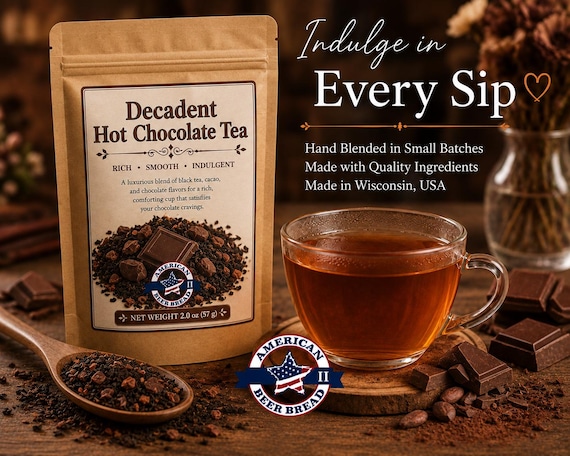 Decadent Hot Chocolate Loose Leaf Tea, Chocolate Cacao Black Tea Blend, Handcrafted Small Batch. Tea 2 oz
