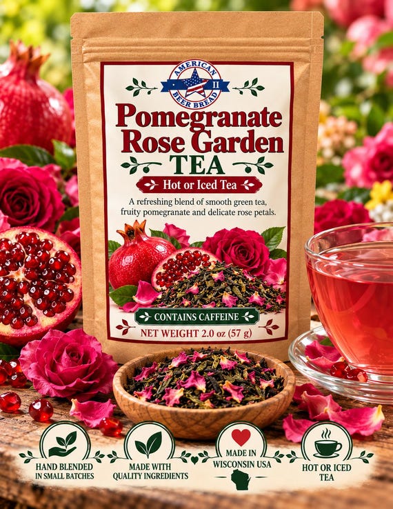 Pomegranate Rose Garden Loose Leaf Green Tea, Sencha Green Tea with Rose Petals, Fruity Floral Tea Blend, Hand Blended , 2 oz