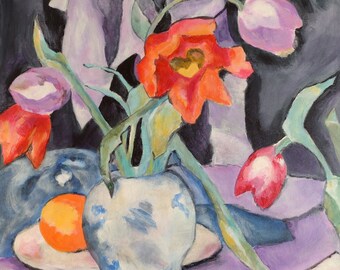 Naturaleza muerta con tulipanes - Estudio Samuel Peploe - Pintura de tulipanes - Pintura de flores de primavera - Arte de cocina - Flores y naranja -Tulipanes en jarrón