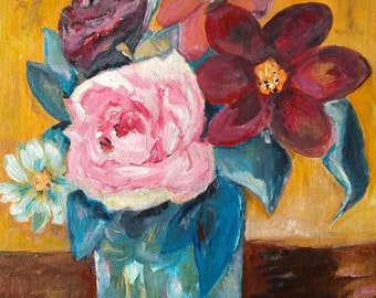 Original Floral painting -  Renoir inspired Painting - Flowers in Vase - 8 x 10 Painting - Pink Rose Painting - Bold Floral - Impressionism