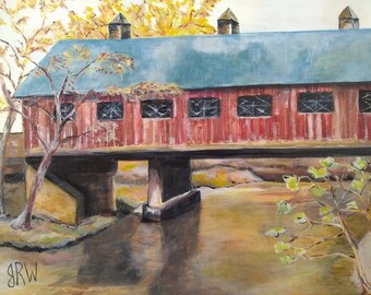 Puente cubierto rojo - Pintura original del puente cubierto - Puente cubierto de Emerts - Montañas Humeantes - Decoración de la cabina - Vida en el campo - Tennessee