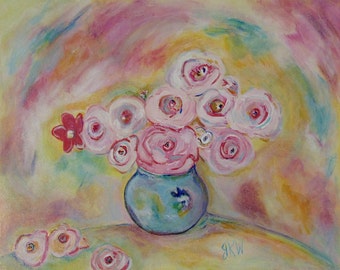 Pintura de flores rosas - Pintura original - Pink Girls Room Art - Arte rosa y azul - Pintura de peonías rosas - Pintura de 16 x 20 - Floral audaz