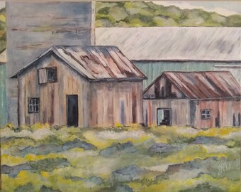 Original Farm Painting - Farm buildings - Country Landscape Painting - Rural Painting - Farmhouse Decor - Silo and Barn Painting - 16 x 20