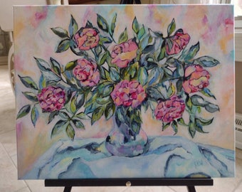 Pintura floral original - Arte floral audaz - Pintura de rosas - Pintura de 20 x 16 - Jarrón de rosas - Joanna R White - Originales de Jo Jo