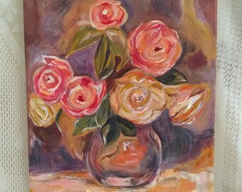 Pintura floral original - Pinturas de rosas Renoir - Pintura de rosas originales - Pintura de 11 x 14 - Jarrón de rosas - Floral audaz