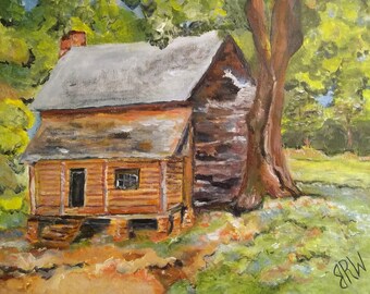 Pintura de cabaña original - Pintura de cabaña de Tennessee - Pintura 14 x 11 - Cabaña en el bosque - Arte de cabaña - Cabaña de montaña - Impresionismo