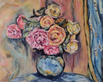 Pintura original - Rosas y cortina azul - Arte inspirado en Renoir - Artista Joanna R White - Impresionismo Rosas en jarrón - Pintura de 20" x 20"