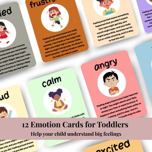 Op de afbeelding: Een set van 12 emotiekaarten voor peuters, elk met een ander gevoel zoals "boos" of "kalm". De kaarten bevatten illustraties van kinderen en beschrijvingen van de emoties. De tekst luidt "Help je kind grote gevoelens te begrijpen."