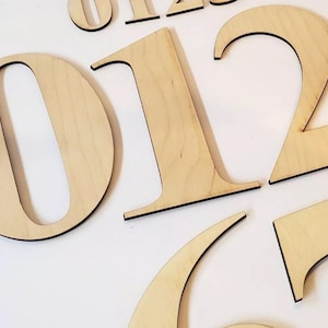 May include: Wooden numbers 0 through 9, cut out in a simple font, with a natural wood finish.
