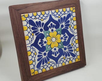 Talavera Tile Trivet, Framed in Walnut, 8" x 8", "Yellow Escamilla", Hand Painted, Ceramic, Gift