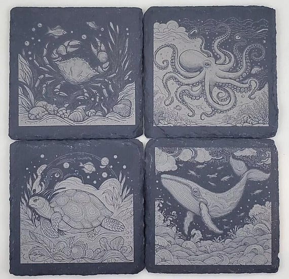 Laser Engraved Slate Stone Coasters: Sea Life Barware, Set of 4