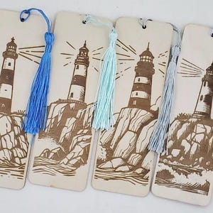 Wooden Bookmarks, Engraved, Set of 4, Lighthouses, Gift