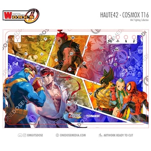 May include: A colorful arcade stick panel featuring comic book style art of Marvel vs. Capcom characters. The design includes characters like Ryu, Wolverine, and Spider-Man, with the text "HAUTE42 - COSMOX T16" and "Marvel vs Capcom Fighting Collection".