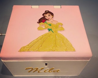 Personalized Belle Beauty and the Beast Musical Jewelry Box (Locking with Key)-3D printed, hand-painted