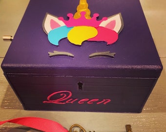 Unicorn Tiara Personalized Customizable Musical Jewelry or Keepsake Box (locking with key)-3D printed, hand-painted