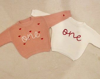 First birthday ONE sweaters -baby toddler creamy white red letters valentines day, pink sweater red hearts