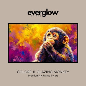 May include: A colorful painting of a monkey with a black frame. The monkey has a thoughtful expression, with its hands clasped near its mouth. The background is a vibrant mix of yellow, orange, purple, and blue. The text "COLORFUL GLAZING MONKEY" is below the image.